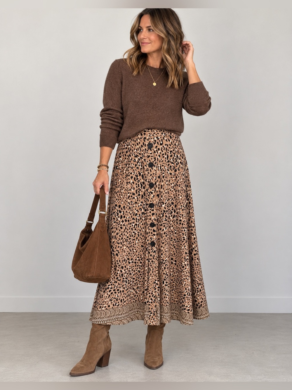 Robert Louis Leopard Print Maxi Skirt Boho Animal Print Button Front